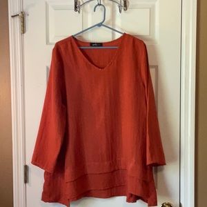 Yushi Women’s Orange 3/4 Sleeves Tunic Lagenlook Blouse Size X-Large